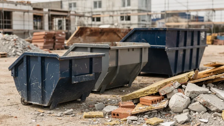 Mehrere Container in verschiedenen Größen auf einem Baugelände für Bauschutt und Sperrmüll