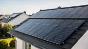Photovoltaik auf dem Hausdach mit Solarmodulen und sonnigem Himmel, Thema Solaranlage fürs Eigenheim