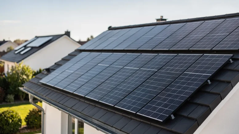 Photovoltaik auf dem Hausdach mit Solarmodulen und sonnigem Himmel, Thema Solaranlage fürs Eigenheim